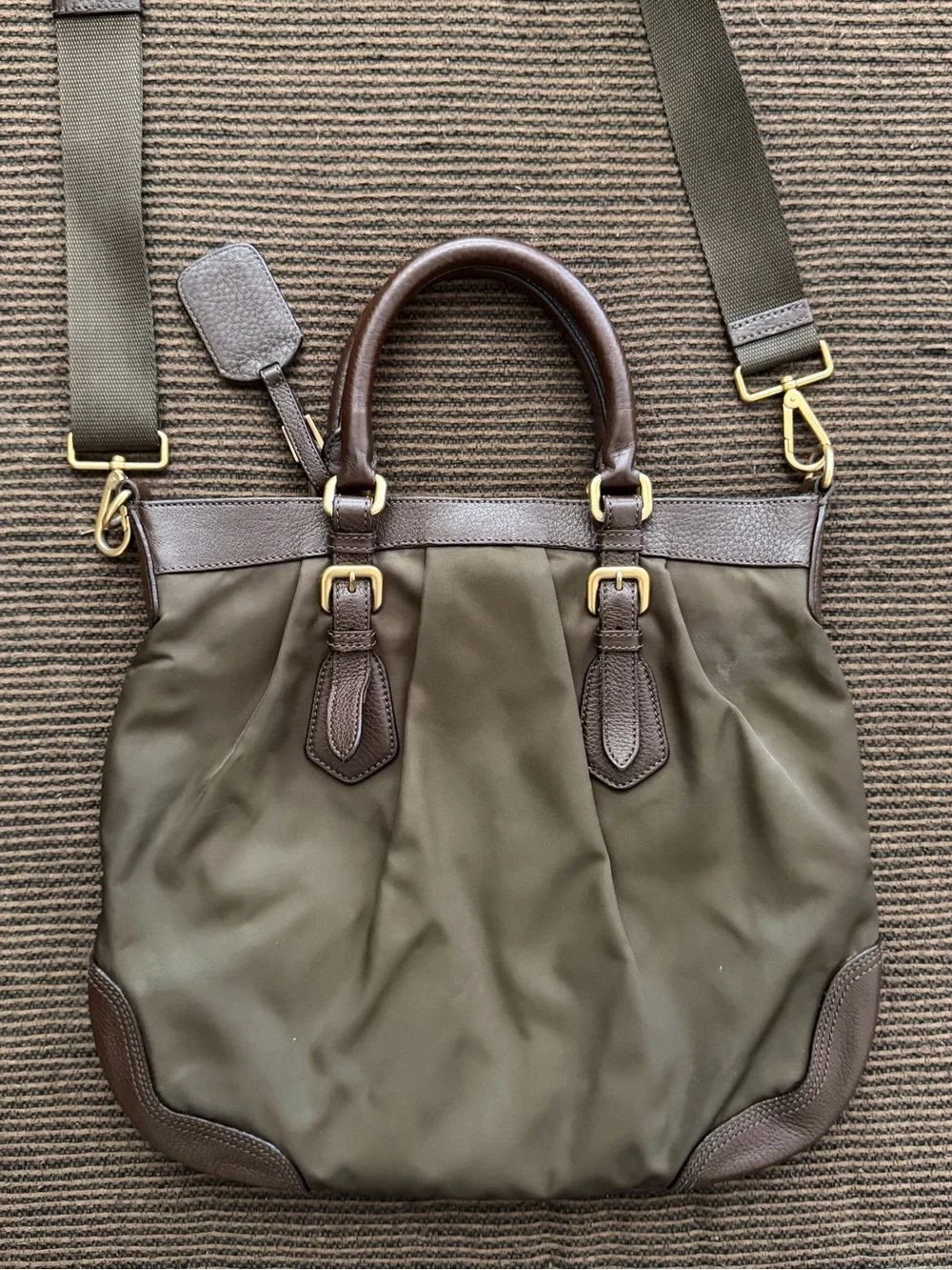 Vintage Dark Olive-Brown Prada Cervo-Trimmed Tessuto Handle Bag